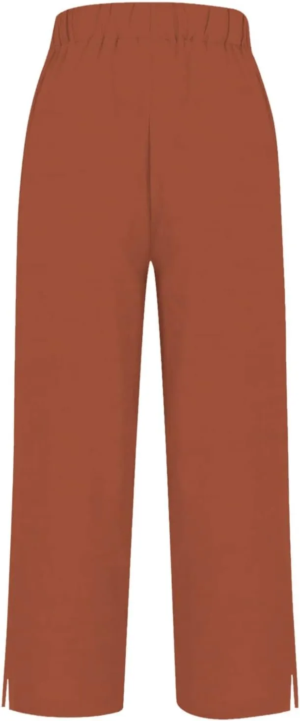 Linen Pants for Women Summer High Waist Straight Leg Lounge Cropped Slacks Soft Side Slits Ankle Trouser with Pocket