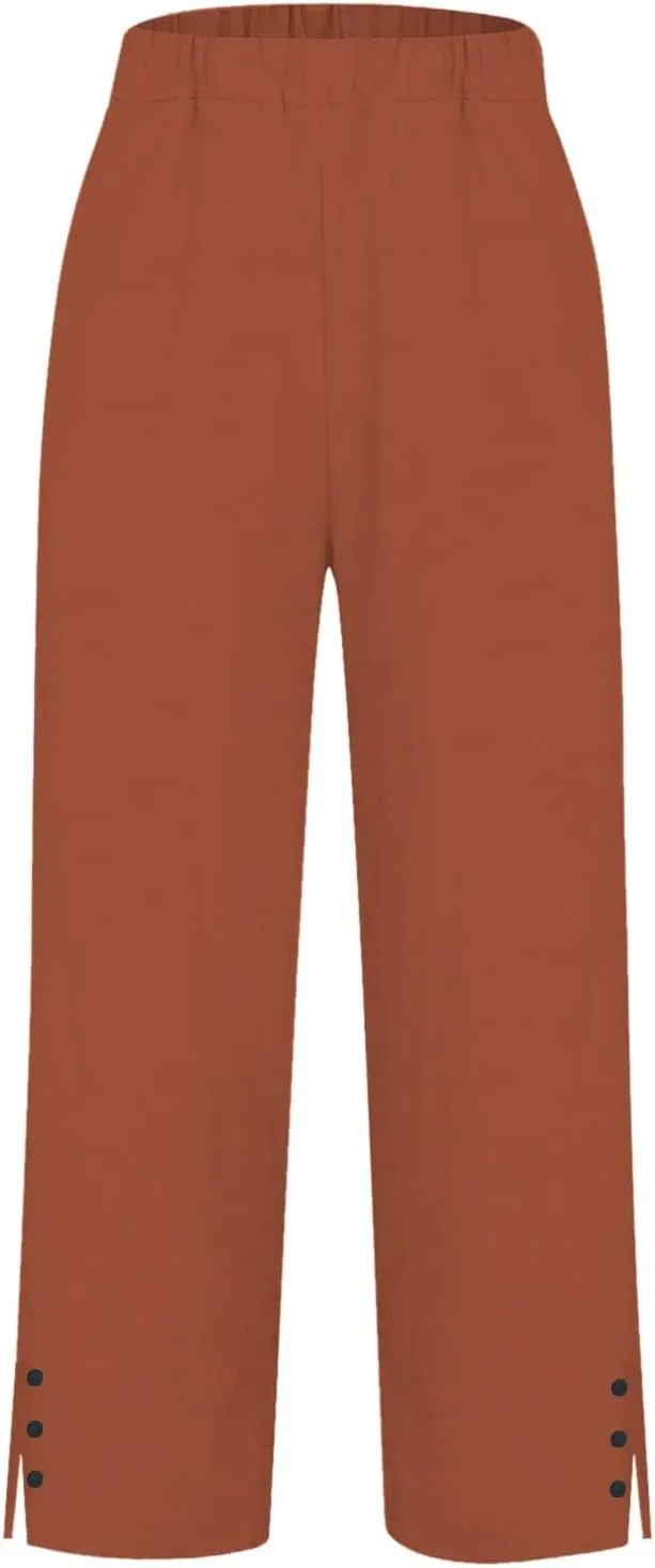 Linen Pants for Women Summer High Waist Straight Leg Lounge Cropped Slacks Soft Side Slits Ankle Trouser with Pocket