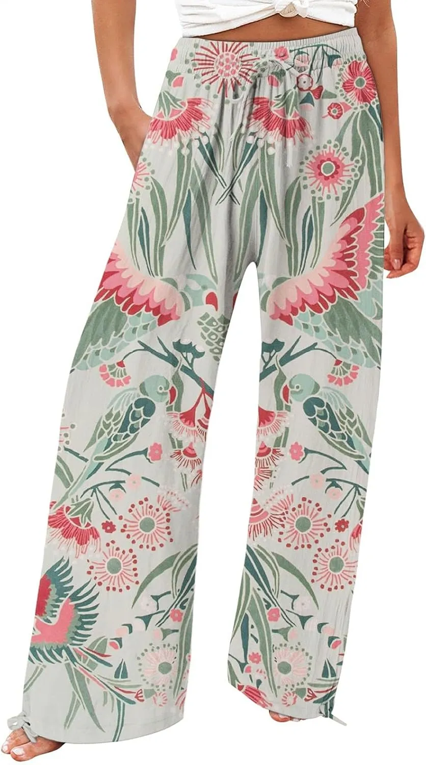 Linen Pants for Women Summer Wide Leg Retro Printed Drawstring Casual Palazzo Pants Beach Yoga Clothes with Pockets