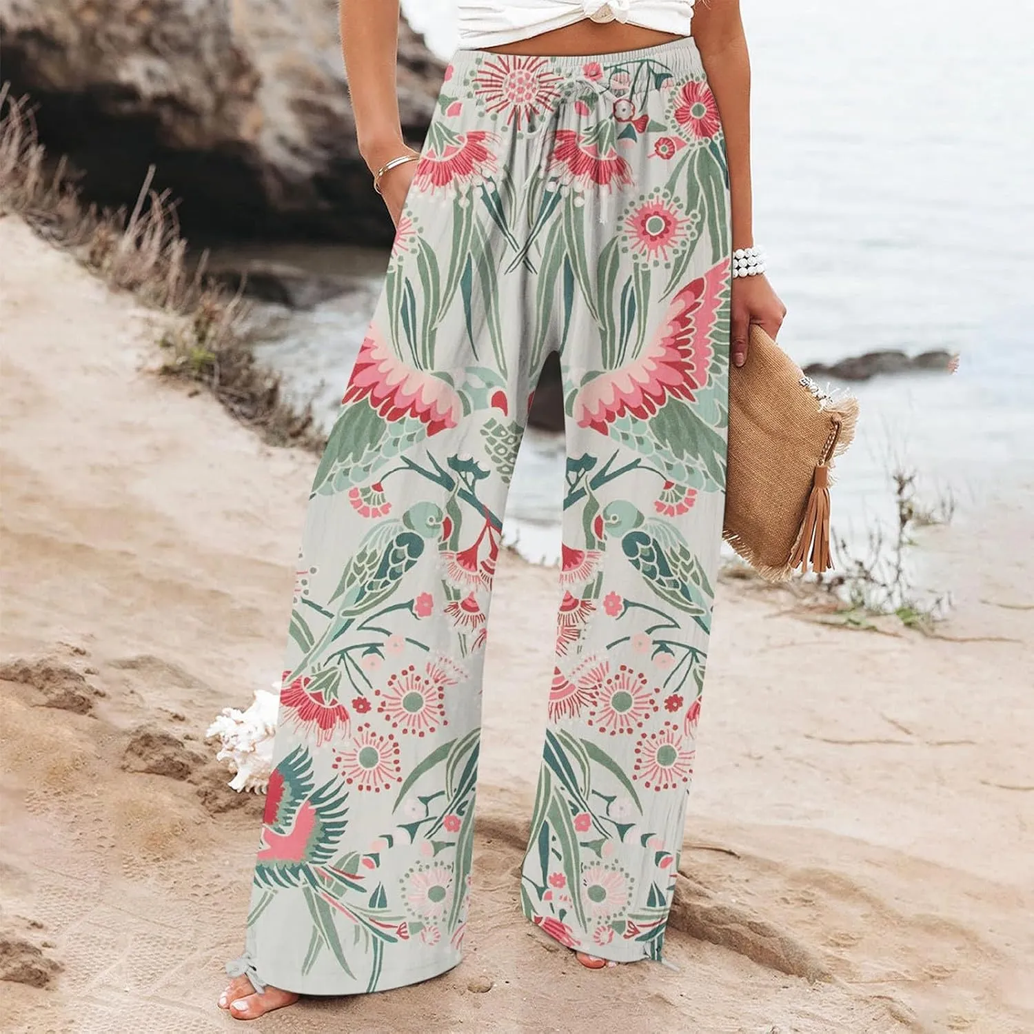 Linen Pants for Women Summer Wide Leg Retro Printed Drawstring Casual Palazzo Pants Beach Yoga Clothes with Pockets