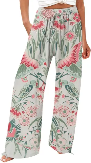 Linen Pants for Women Summer Wide Leg Retro Printed Drawstring Casual Palazzo Pants Beach Yoga Clothes with Pockets