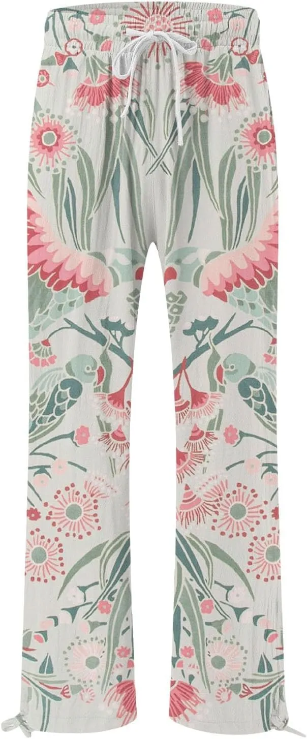Linen Pants for Women Summer Wide Leg Retro Printed Drawstring Casual Palazzo Pants Beach Yoga Clothes with Pockets