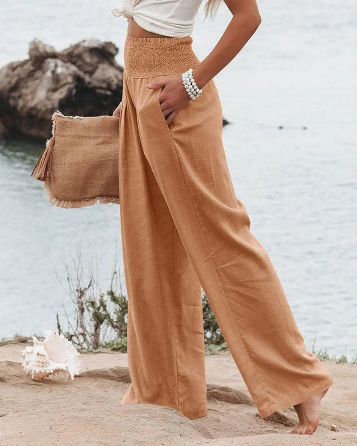 Linen Pants for Women Wide Leg Long Trousers Casual Loose Straight Tottoms Elastic Waist High Waist Pant with Pockets