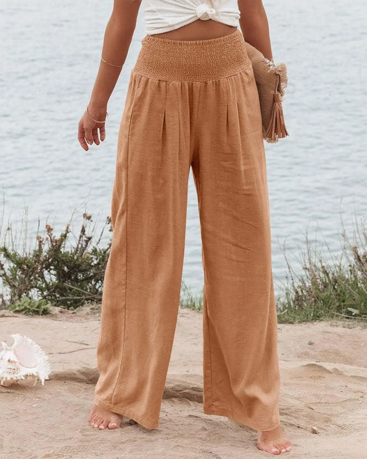 Linen Pants for Women Wide Leg Long Trousers Casual Loose Straight Tottoms Elastic Waist High Waist Pant with Pockets