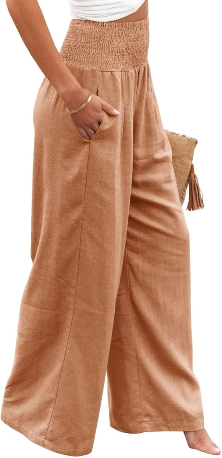 Linen Pants for Women Wide Leg Long Trousers Casual Loose Straight Tottoms Elastic Waist High Waist Pant with Pockets
