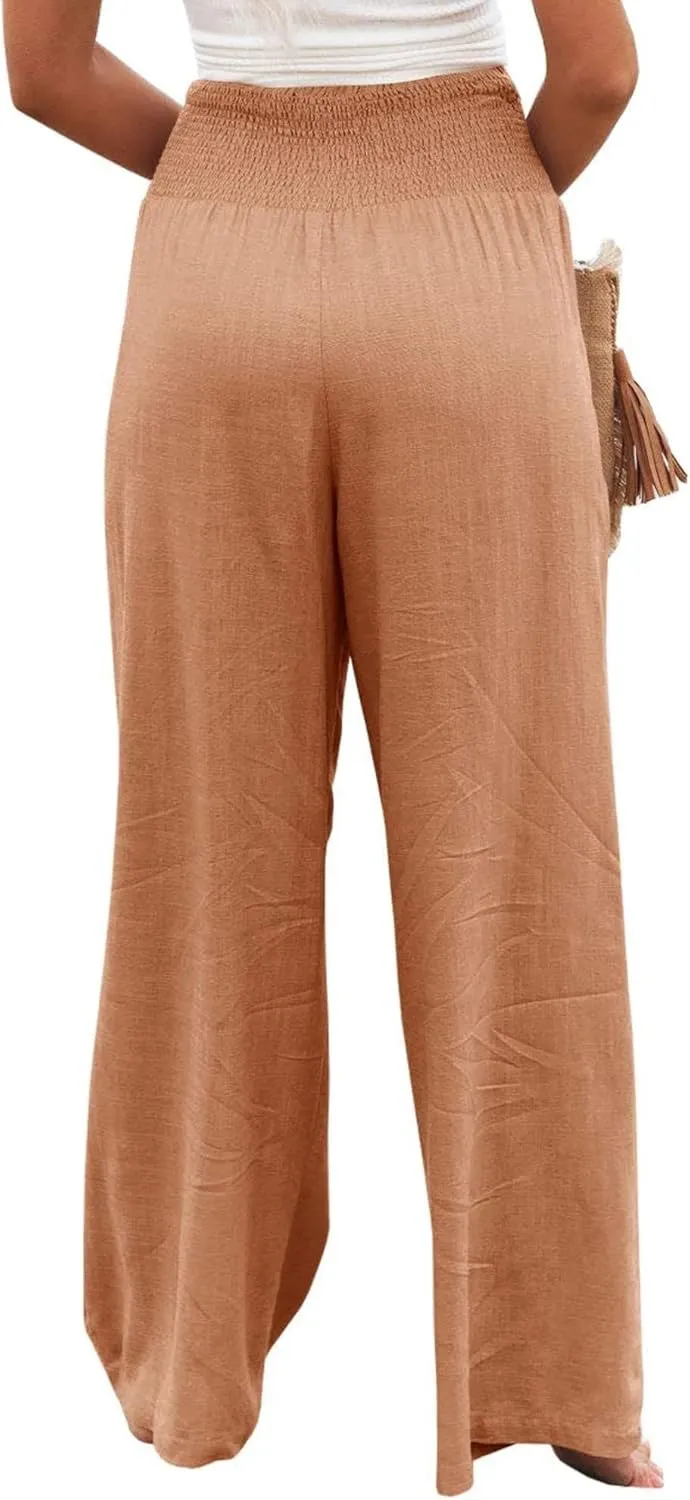 Linen Pants for Women Wide Leg Long Trousers Casual Loose Straight Tottoms Elastic Waist High Waist Pant with Pockets