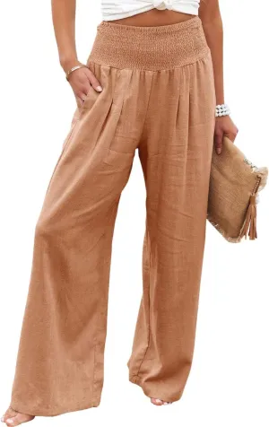 Linen Pants for Women Wide Leg Long Trousers Casual Loose Straight Tottoms Elastic Waist High Waist Pant with Pockets