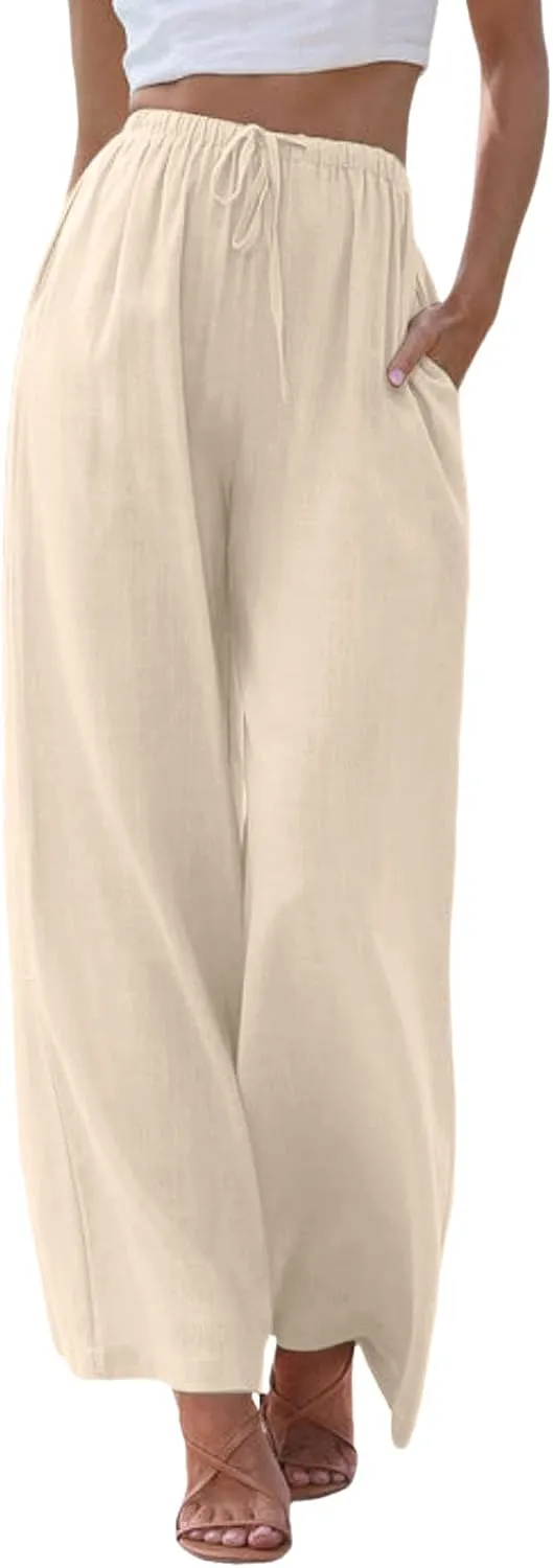 Linen Pants Women Cotton Linen Palazzo Flowy Pants Drawstring Elastic Waist Casual Wide Leg Trousers with Pockets