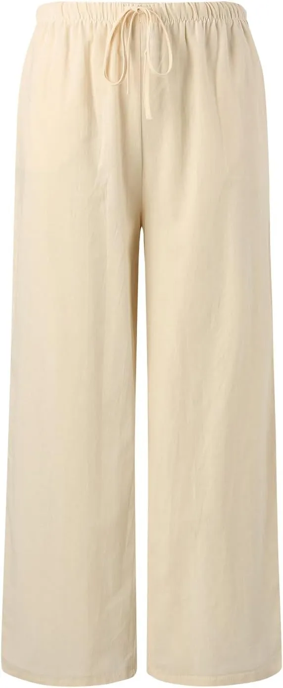 Linen Pants Women Cotton Linen Palazzo Flowy Pants Drawstring Elastic Waist Casual Wide Leg Trousers with Pockets