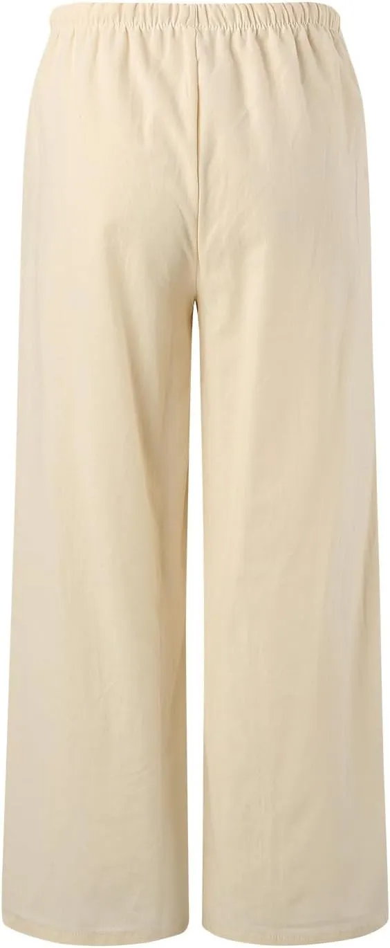 Linen Pants Women Cotton Linen Palazzo Flowy Pants Drawstring Elastic Waist Casual Wide Leg Trousers with Pockets