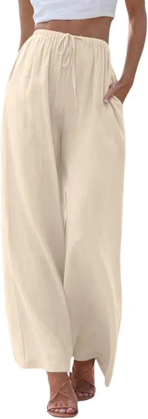 Linen Pants Women Cotton Linen Palazzo Flowy Pants Drawstring Elastic Waist Casual Wide Leg Trousers with Pockets