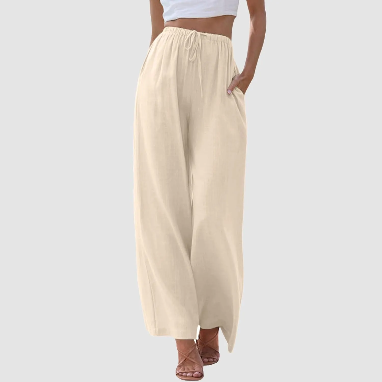 Linen Pants Women Cotton Linen Palazzo Flowy Pants Drawstring Elastic Waist Casual Wide Leg Trousers with Pockets