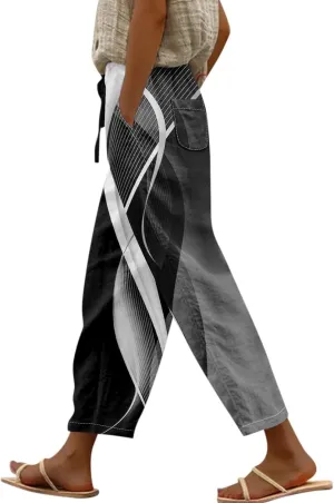 Linen Pants Women Linen Pants Women Women's Linen Blend High Waisted Straight Pants, Soft Elastic Waistband