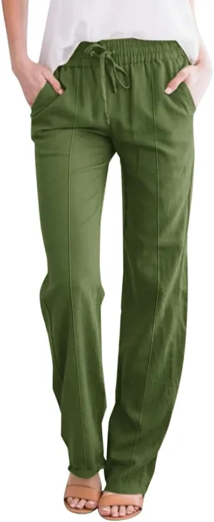 Linen Pants Women Summer Casual Beach Vacation Drawstring High Waist Loose Stright Wide Leg Pants Trouser for Women