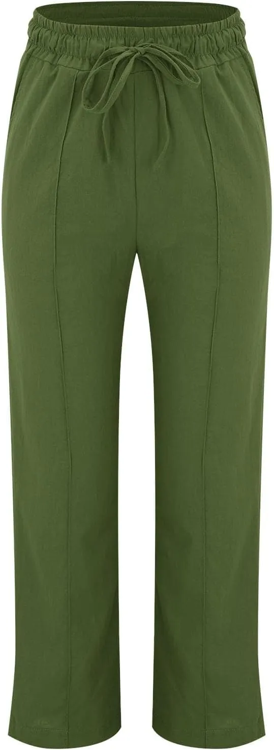Linen Pants Women Summer Casual Beach Vacation Drawstring High Waist Loose Stright Wide Leg Pants Trouser for Women