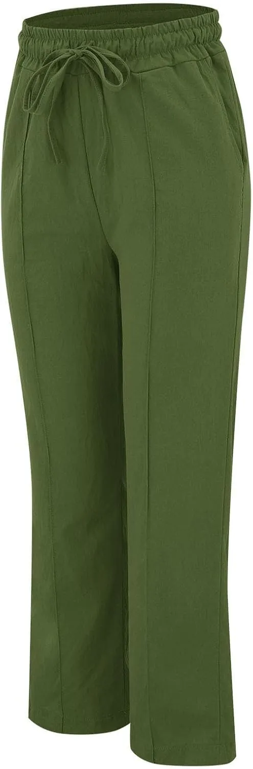 Linen Pants Women Summer Casual Beach Vacation Drawstring High Waist Loose Stright Wide Leg Pants Trouser for Women