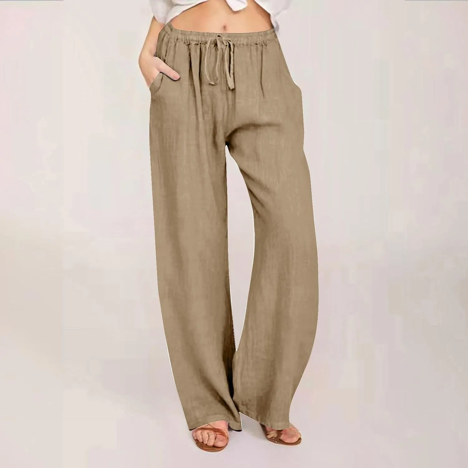 Linen Pants Women Summer Wide Leg Pant Cotton Linen Lounge Pants Loose Palazzo Trouser Comfy Trousers with Pockets