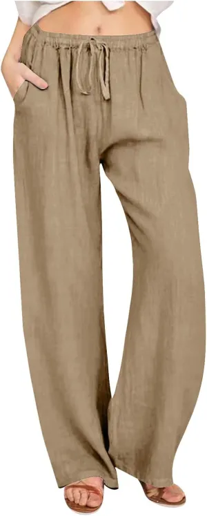 Linen Pants Women Summer Wide Leg Pant Cotton Linen Lounge Pants Loose Palazzo Trouser Comfy Trousers with Pockets
