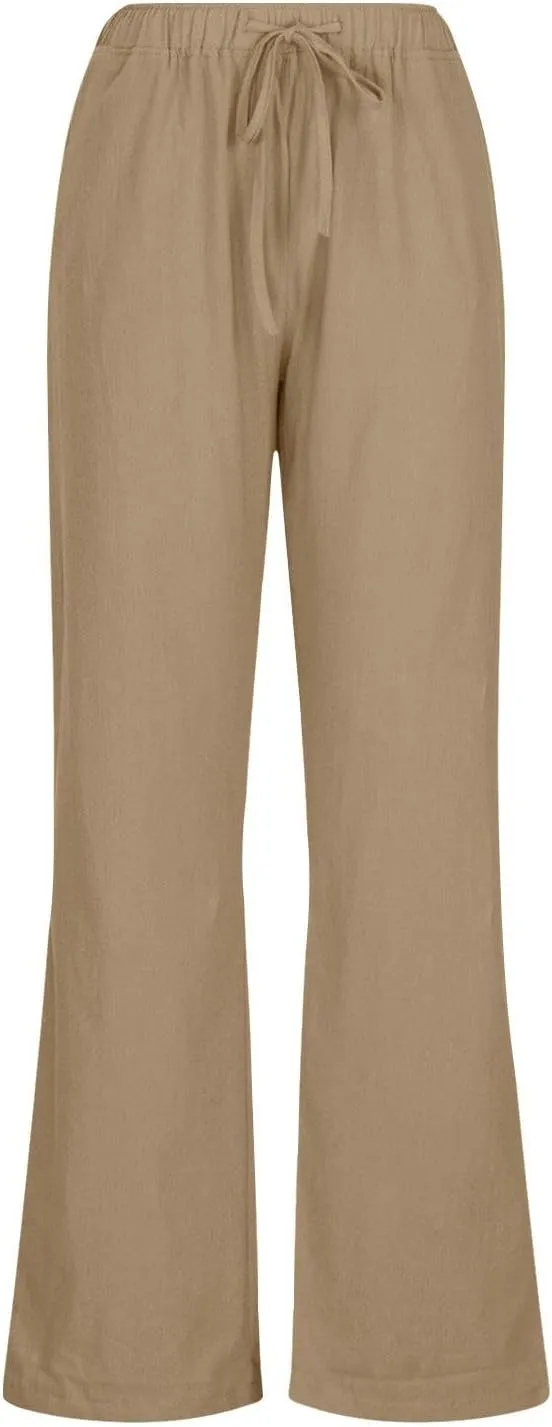 Linen Pants Women Summer Wide Leg Pant Cotton Linen Lounge Pants Loose Palazzo Trouser Comfy Trousers with Pockets