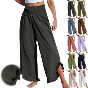 Linen Pants Women Wide Leg Palazzo Pants Elastic High Waisted Trousers Summer Beach Bottoms Loose Fit Casual Pant