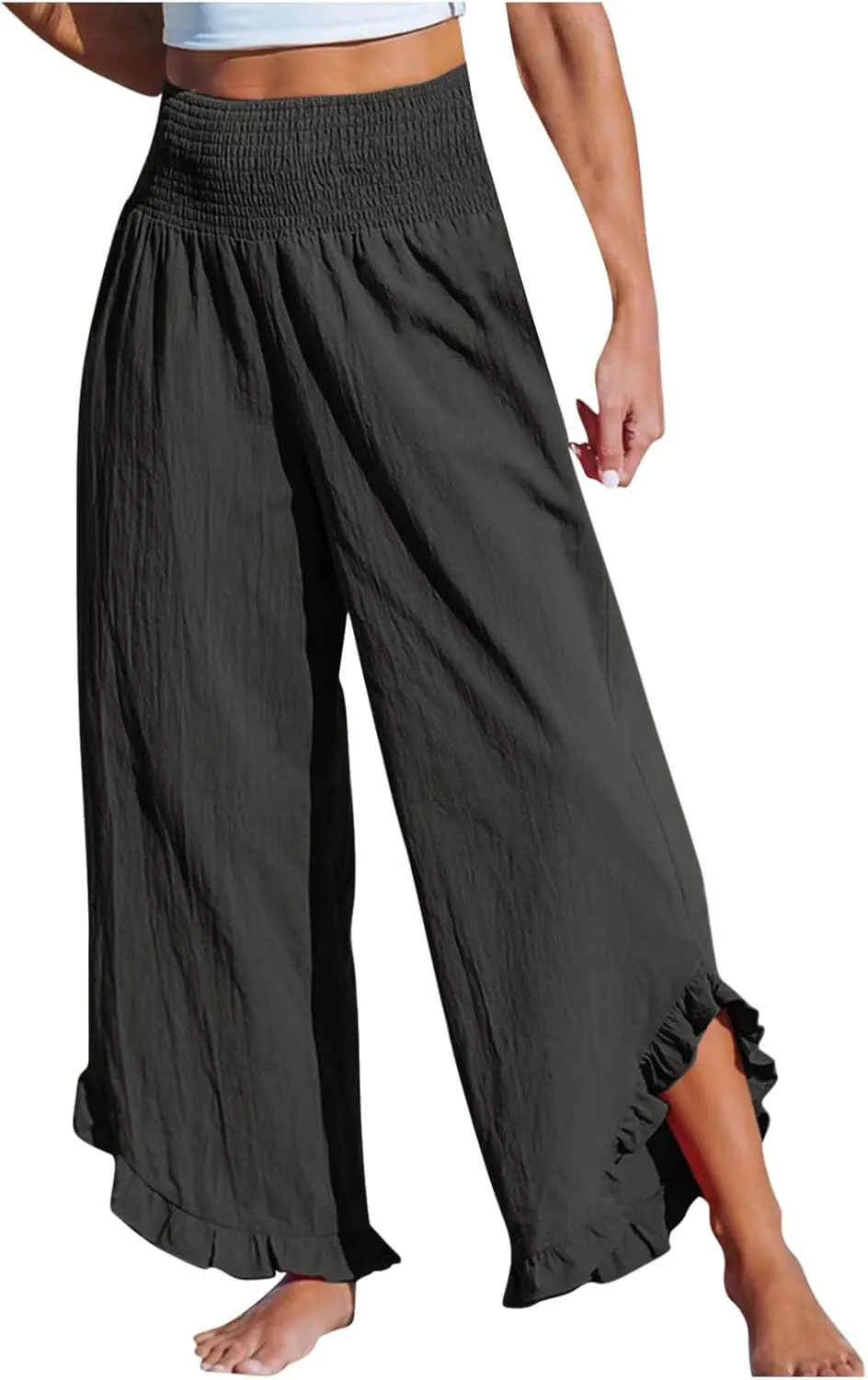 Linen Pants Women Wide Leg Palazzo Pants Elastic High Waisted Trousers Summer Beach Bottoms Loose Fit Casual Pant