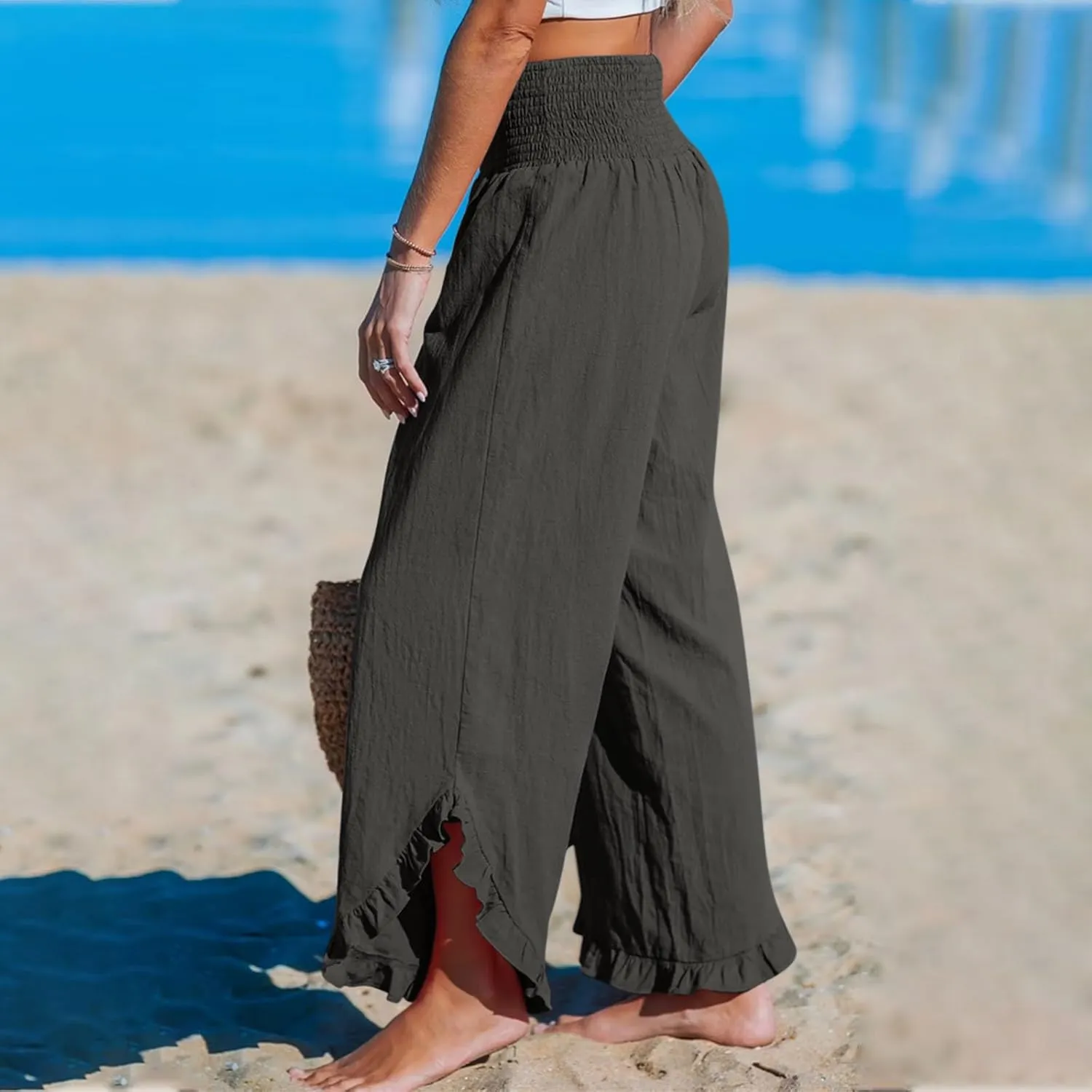 Linen Pants Women Wide Leg Palazzo Pants Elastic High Waisted Trousers Summer Beach Bottoms Loose Fit Casual Pant