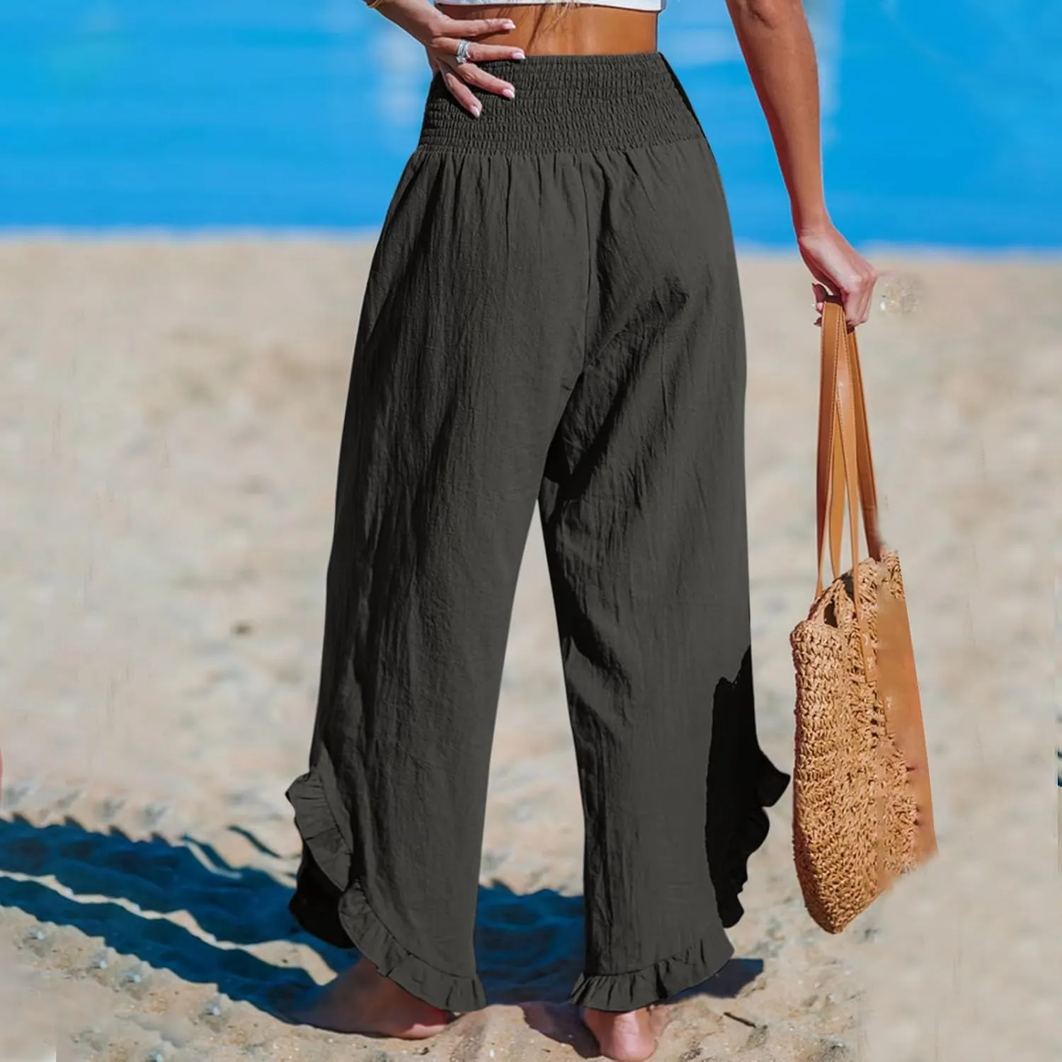 Linen Pants Women Wide Leg Palazzo Pants Elastic High Waisted Trousers Summer Beach Bottoms Loose Fit Casual Pant