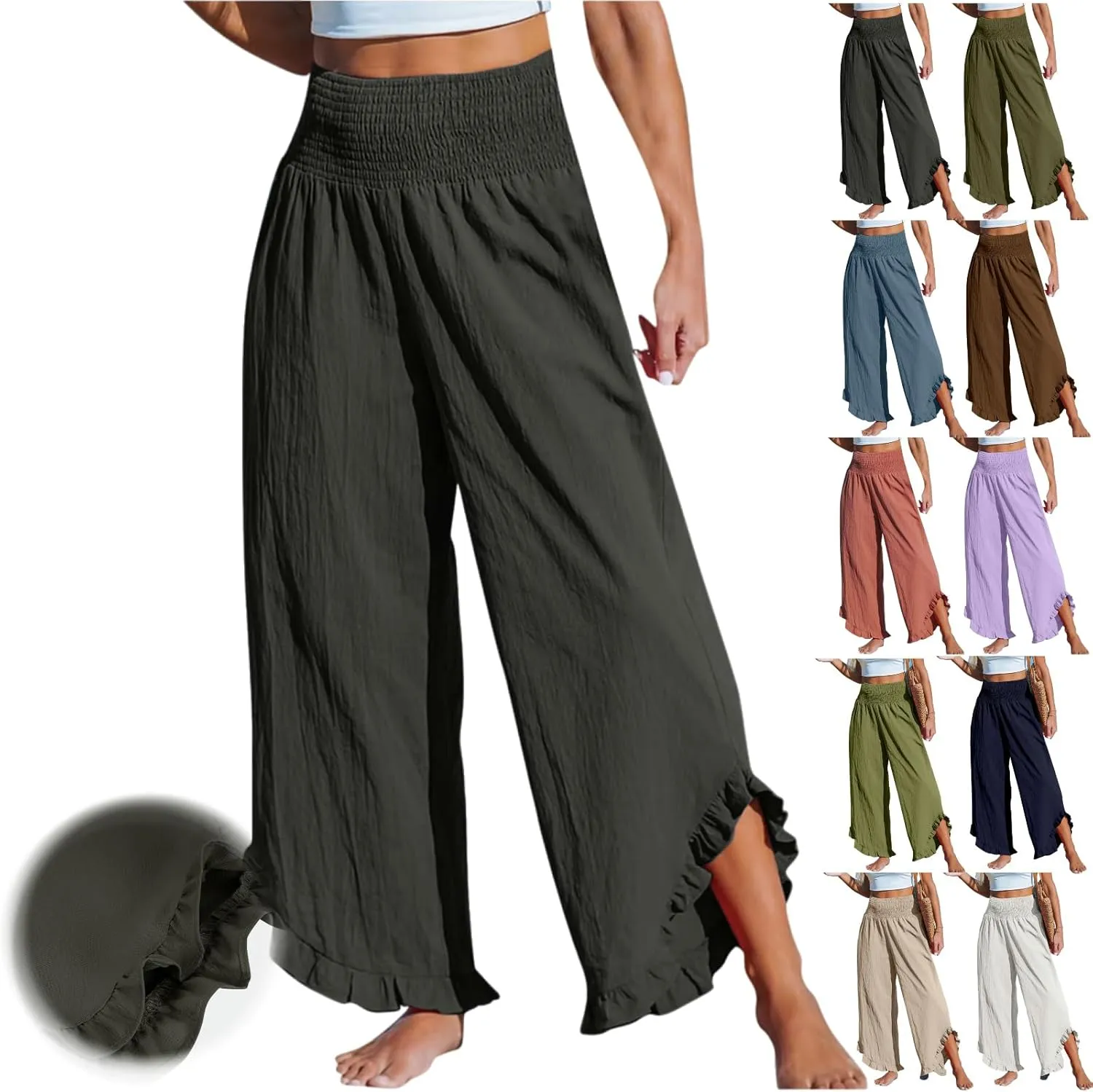 Linen Pants Women Wide Leg Palazzo Pants Elastic High Waisted Trousers Summer Beach Bottoms Loose Fit Casual Pant