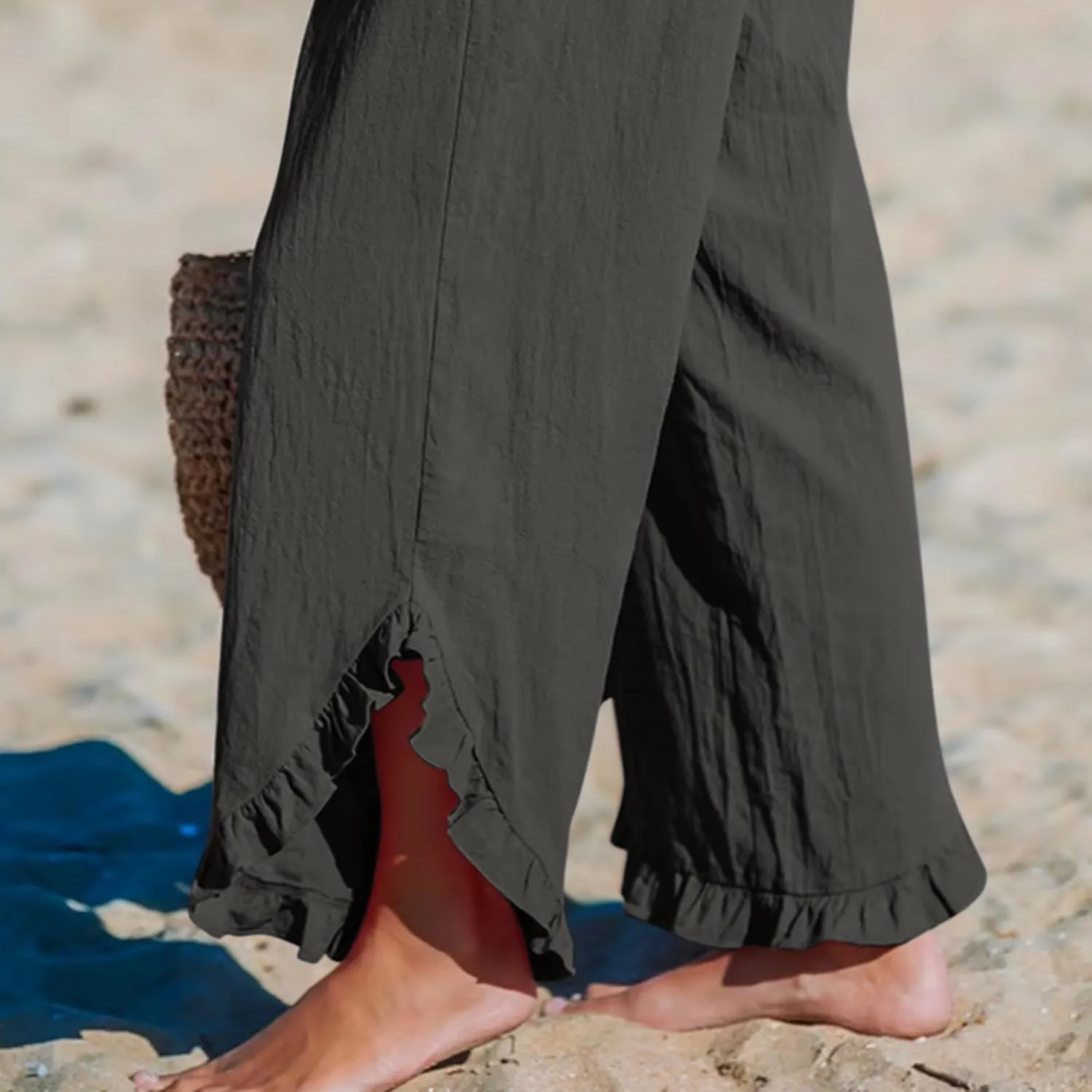 Linen Pants Women Wide Leg Palazzo Pants Elastic High Waisted Trousers Summer Beach Bottoms Loose Fit Casual Pant