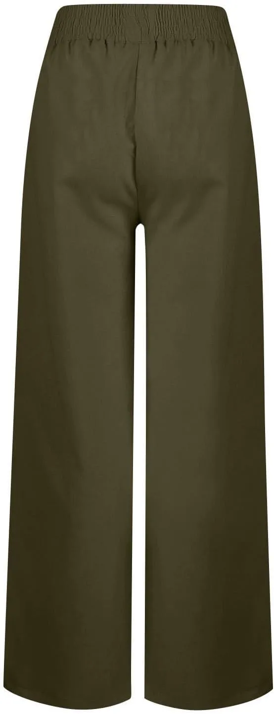 Linen Pants Women, Yoga Beach Wide Leg Palazzo Pants Tall High Waisted Pull On Stretch Waist Lounge Trousers Slacks