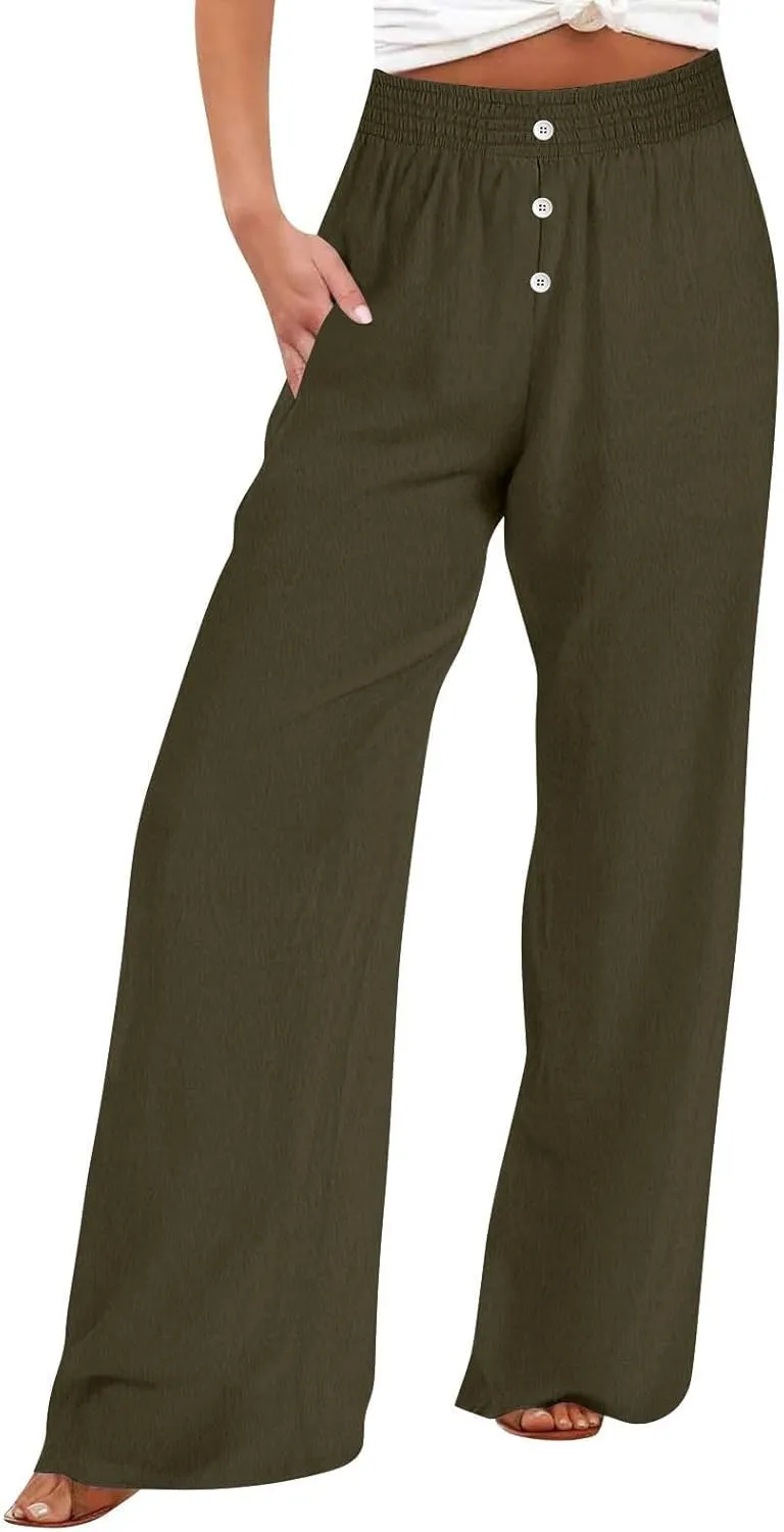 Linen Pants Women, Yoga Beach Wide Leg Palazzo Pants Tall High Waisted Pull On Stretch Waist Lounge Trousers Slacks