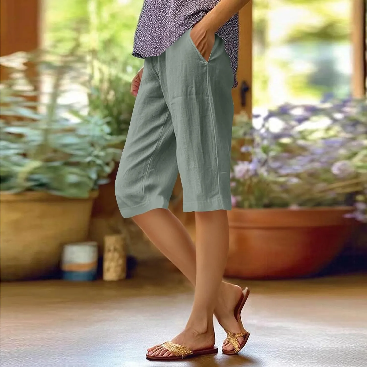 Linen Summer Pants Women Waist Cotton Trouser Cropped Wide Leg Pants Linen Blend Pants Linen Outfit