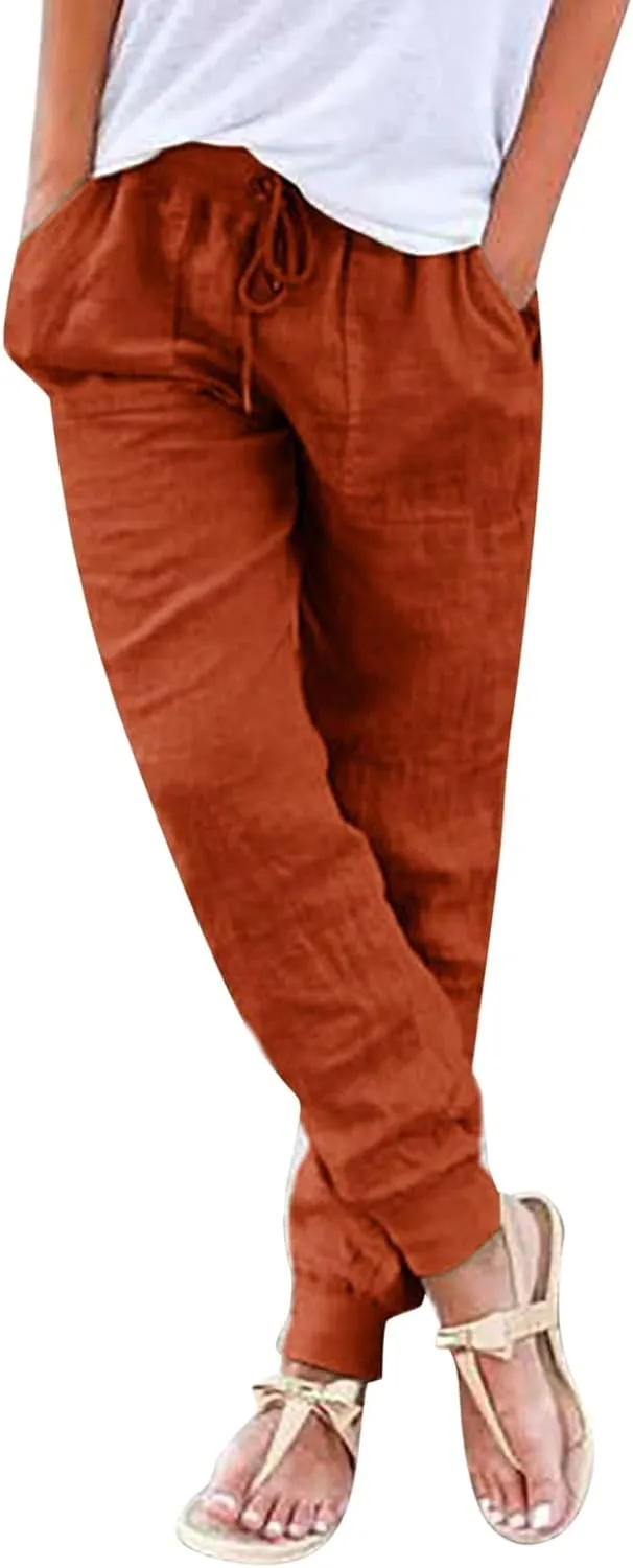 Linen Tapered Pants Women Drawstring Elastic Waist Casual Trousers with Pockets Straight Leg Loose Comfy Sweatpants
