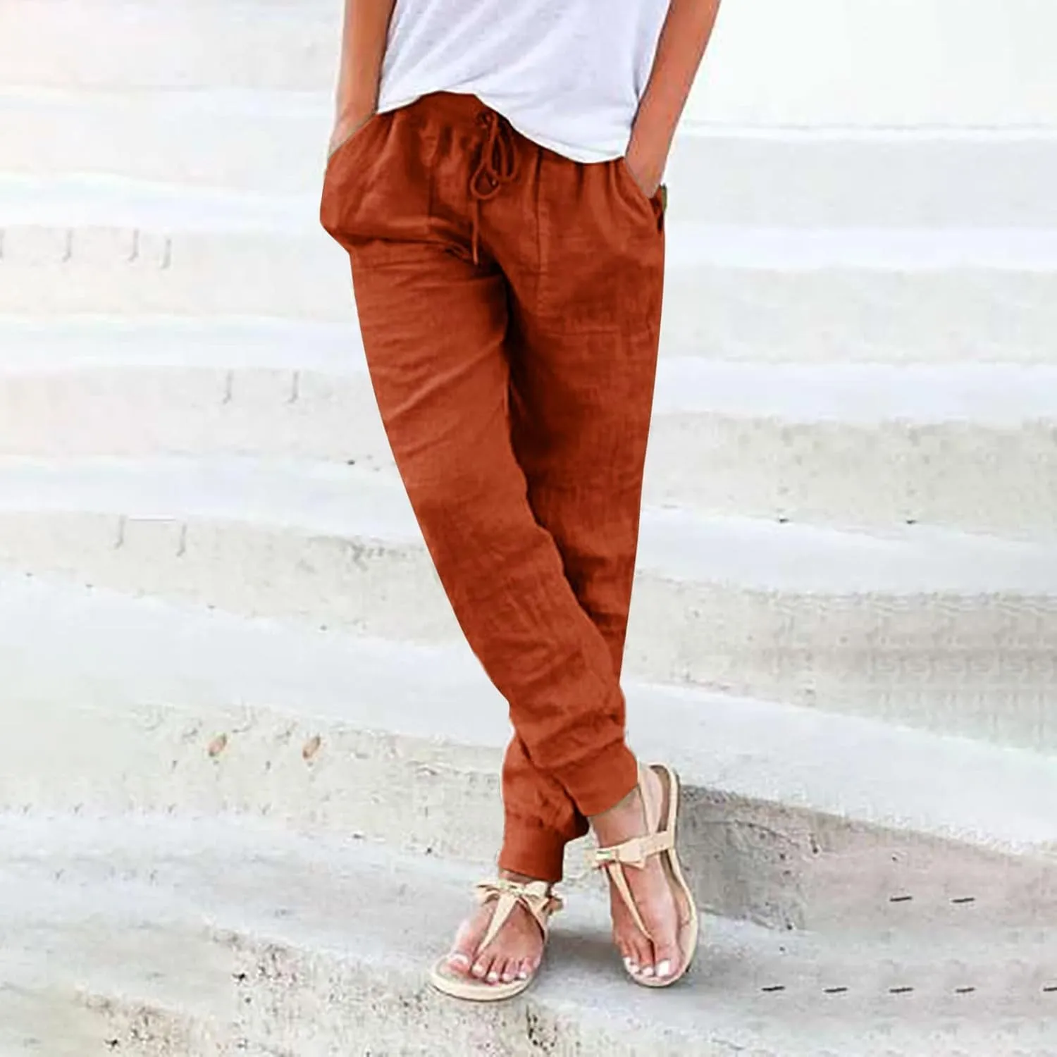 Linen Tapered Pants Women Drawstring Elastic Waist Casual Trousers with Pockets Straight Leg Loose Comfy Sweatpants