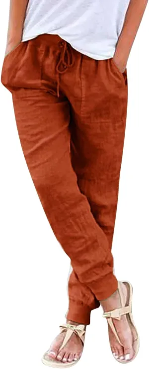 Linen Tapered Pants Women Drawstring Elastic Waist Casual Trousers with Pockets Straight Leg Loose Comfy Sweatpants