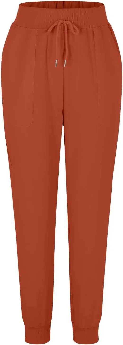 Linen Tapered Pants Women Drawstring Elastic Waist Casual Trousers with Pockets Straight Leg Loose Comfy Sweatpants