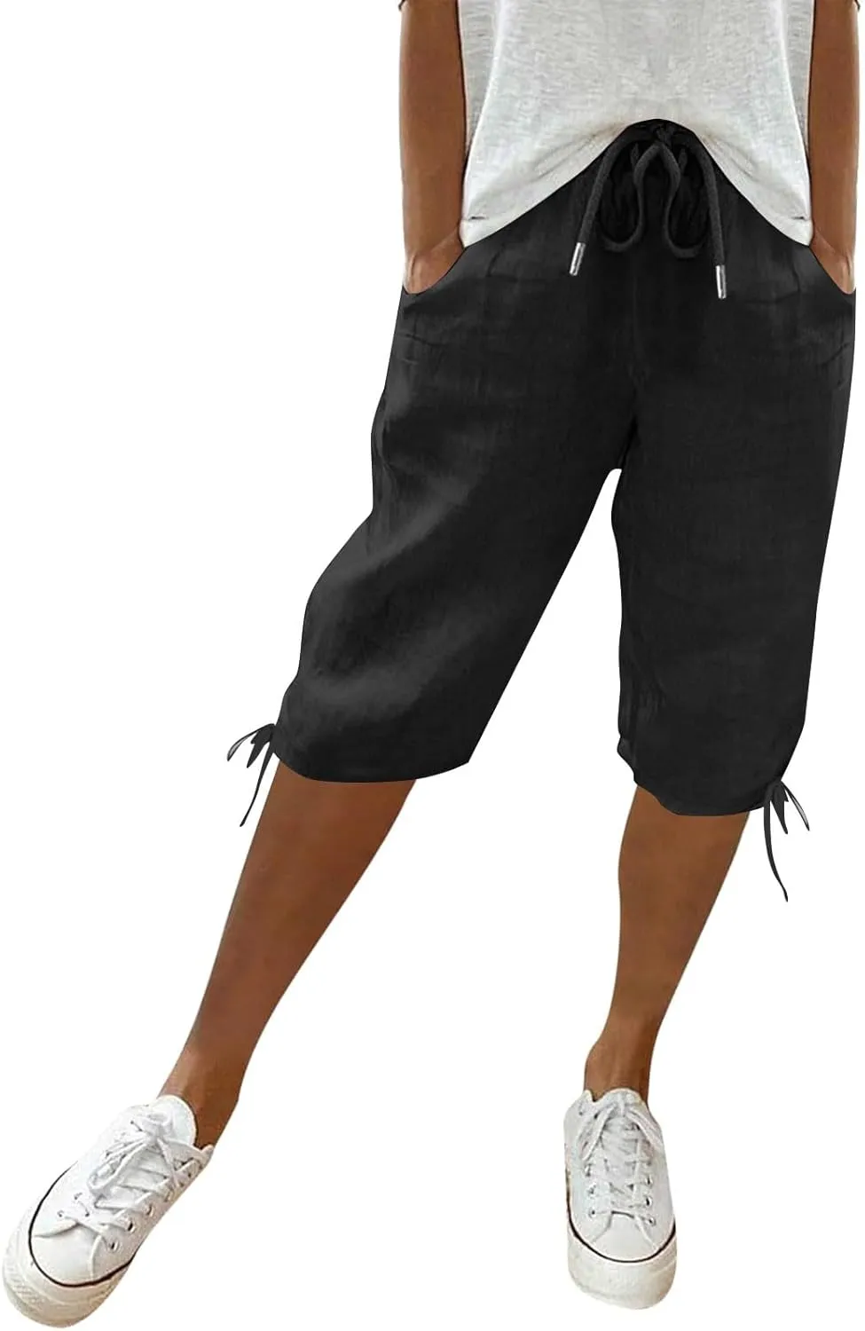 Linen Trousers for Women Solid Color Casual Side Lace Summer Drawstring Pants with Pocket for Beach Vacations