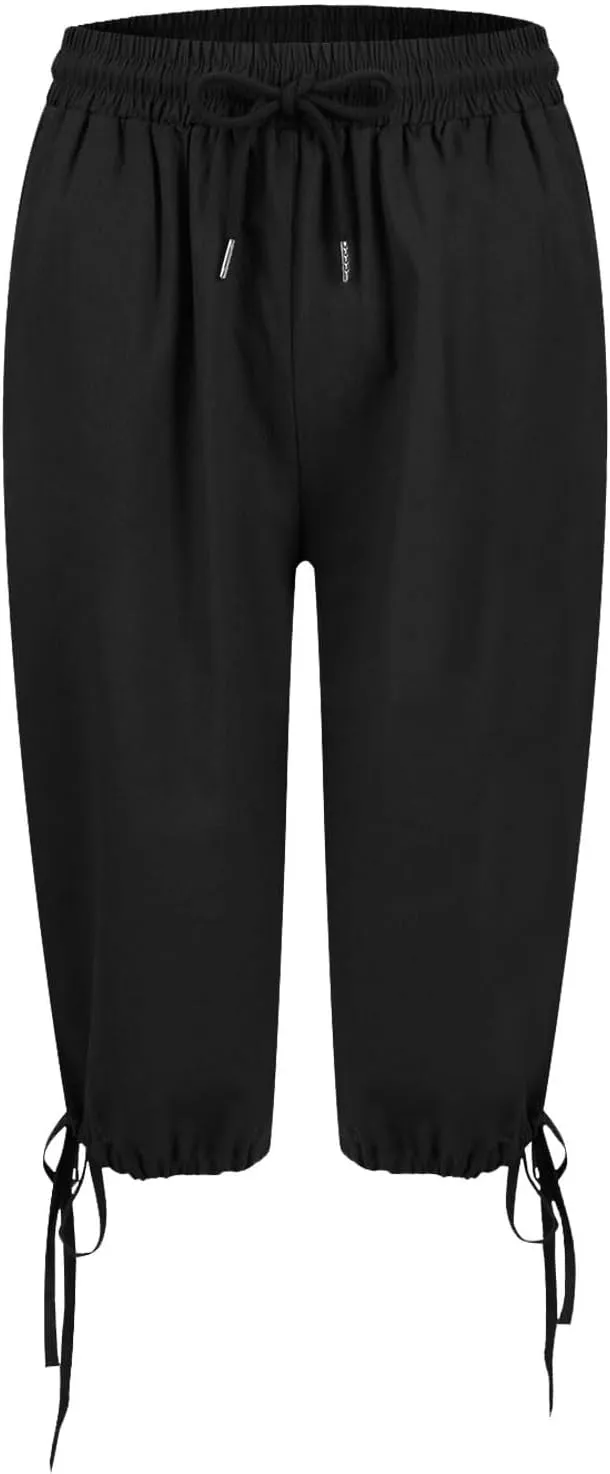 Linen Trousers for Women Solid Color Casual Side Lace Summer Drawstring Pants with Pocket for Beach Vacations