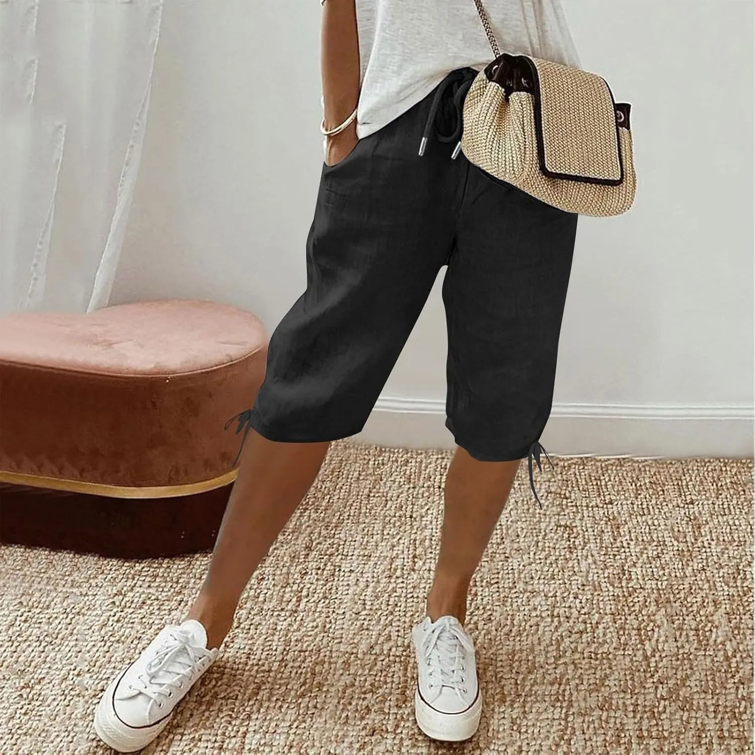Linen Trousers for Women Solid Color Casual Side Lace Summer Drawstring Pants with Pocket for Beach Vacations
