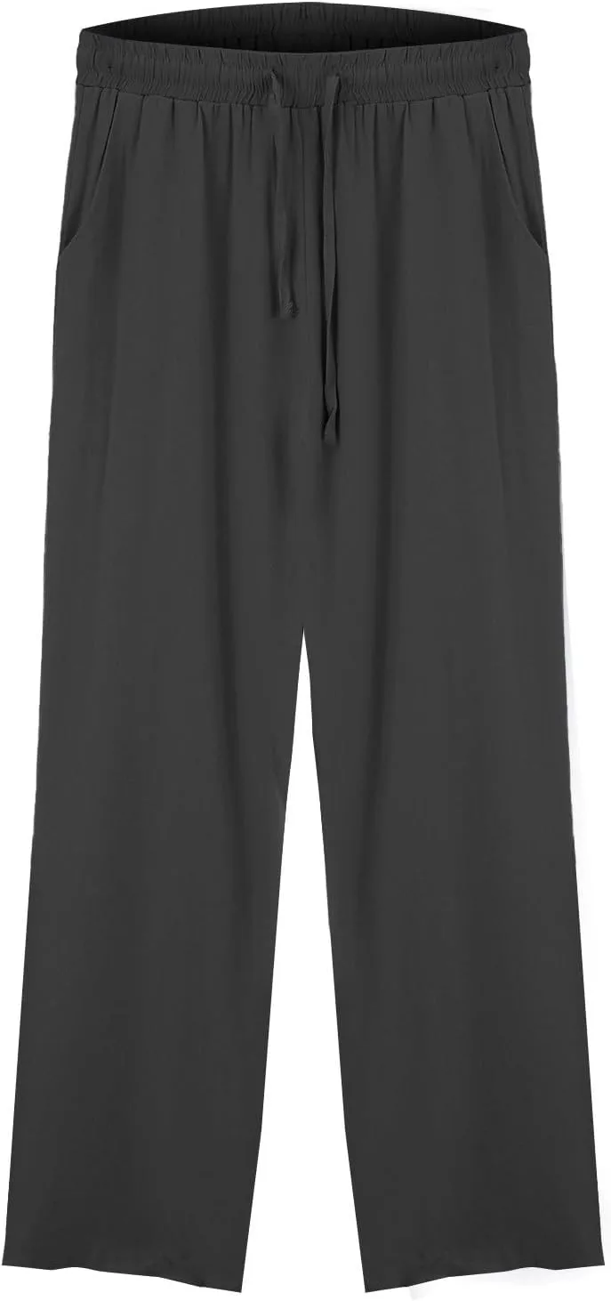 Linen Wide Leg Checkered Trousers Leg Pants Casual Baggy Elastic Waistband with Pockets Fashionable Pants Casua
