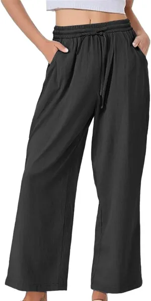Linen Wide Leg Checkered Trousers Leg Pants Casual Baggy Elastic Waistband with Pockets Fashionable Pants Casua