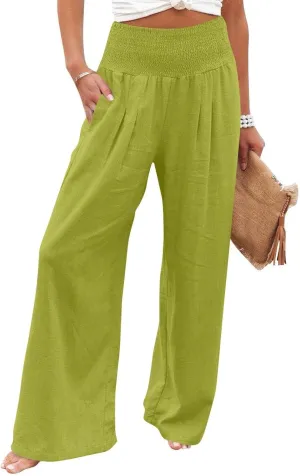 Linen Wide Leg Pants for Women Summer Palazzo Pants Smocked High Waisted Pant Casual Trouser with Pockets