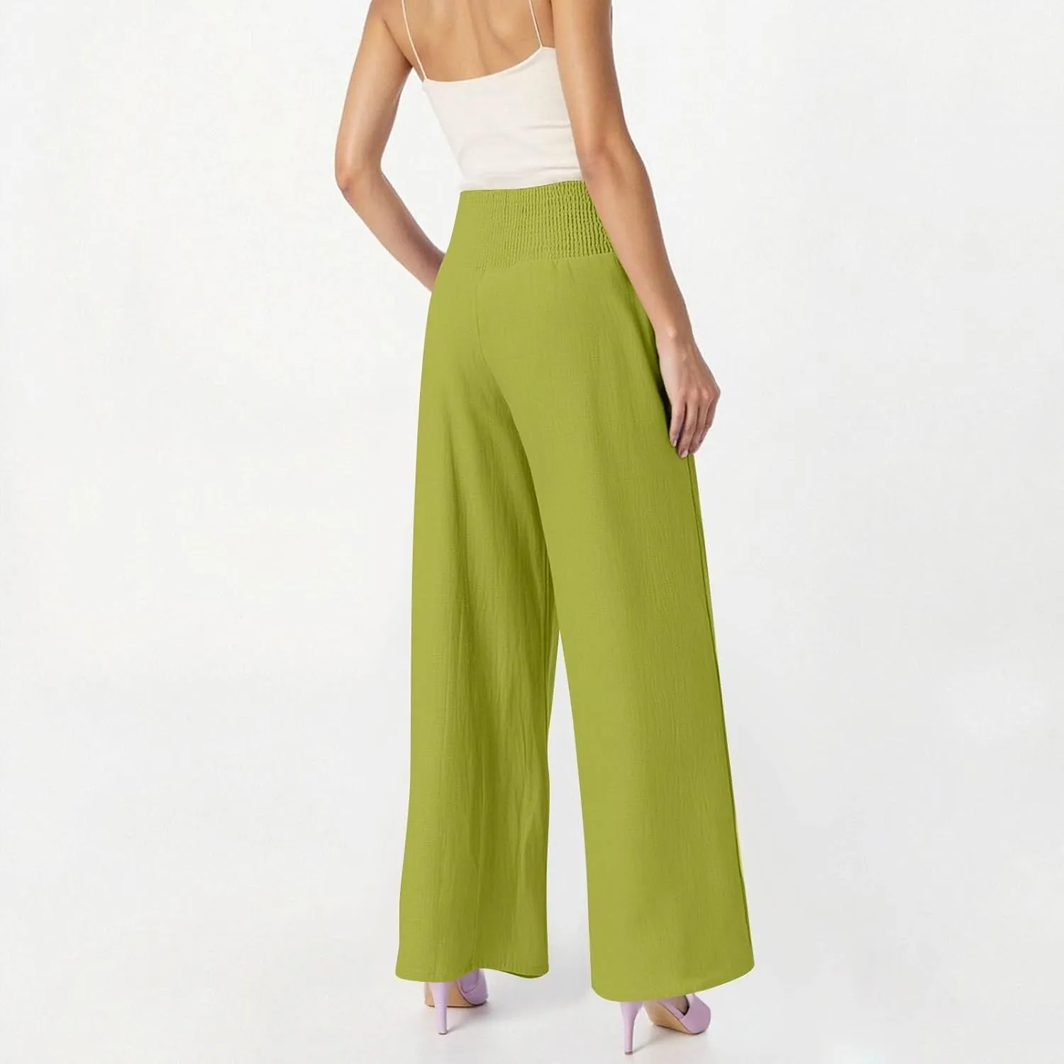 Linen Wide Leg Pants for Women Summer Palazzo Pants Smocked High Waisted Pant Casual Trouser with Pockets