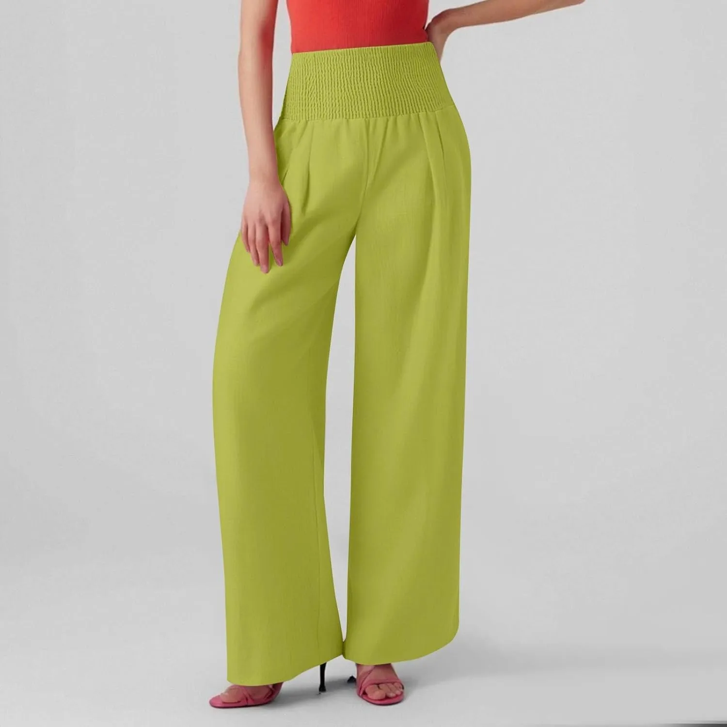 Linen Wide Leg Pants for Women Summer Palazzo Pants Smocked High Waisted Pant Casual Trouser with Pockets