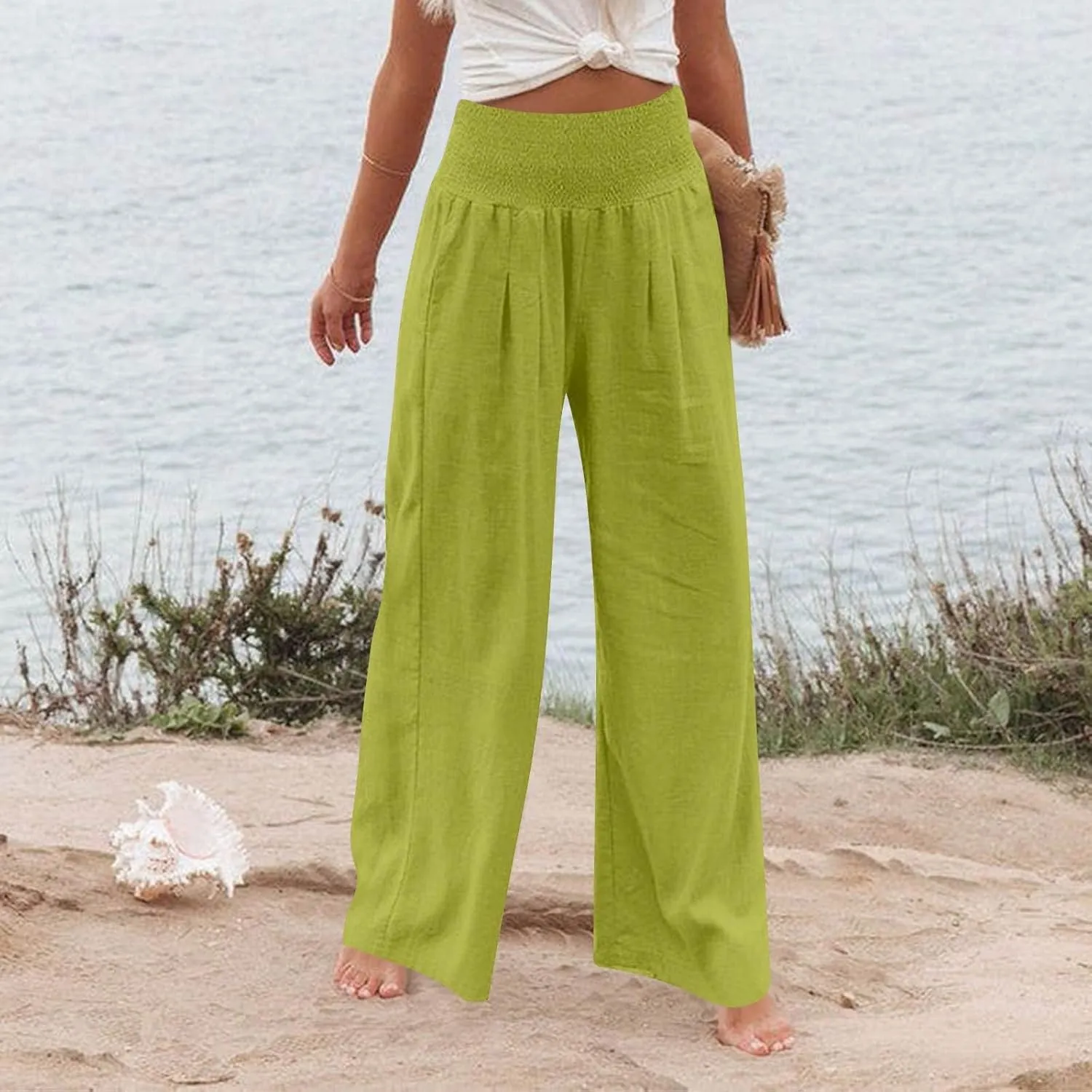 Linen Wide Leg Pants for Women Summer Palazzo Pants Smocked High Waisted Pant Casual Trouser with Pockets