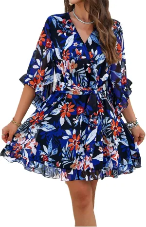Lisa Colly Women's Summer Sundress Flowy Floral Mini Dress Ruffle Sleeve V Neck Chiffon A-line Dress