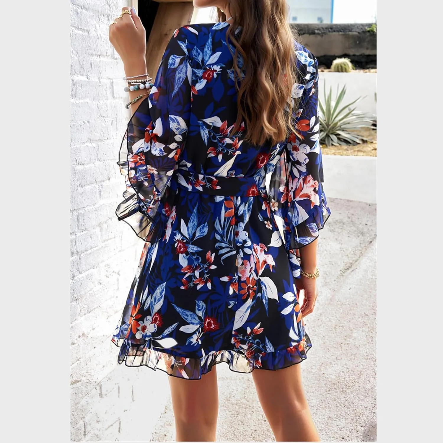 Lisa Colly Women's Summer Sundress Flowy Floral Mini Dress Ruffle Sleeve V Neck Chiffon A-line Dress