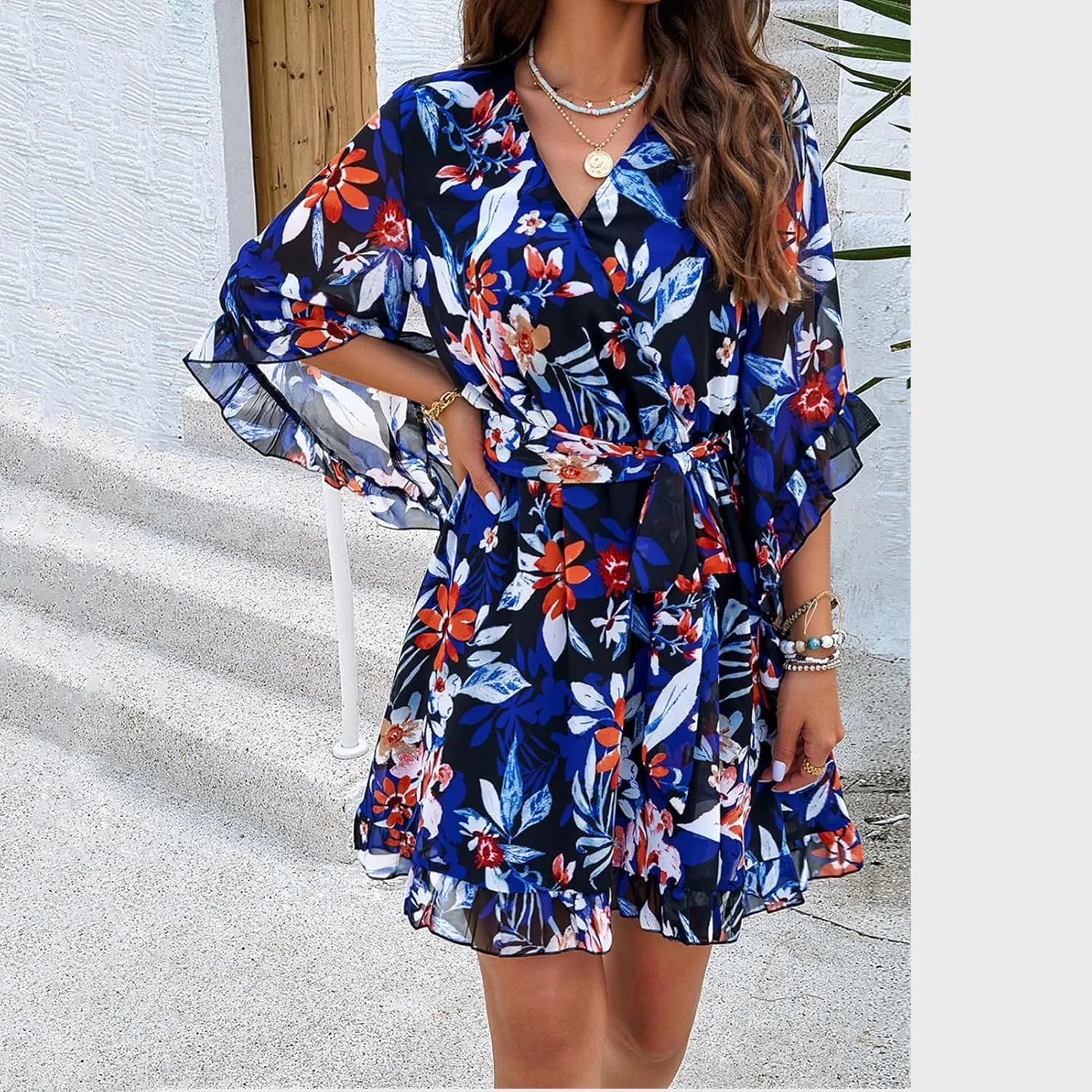 Lisa Colly Women's Summer Sundress Flowy Floral Mini Dress Ruffle Sleeve V Neck Chiffon A-line Dress