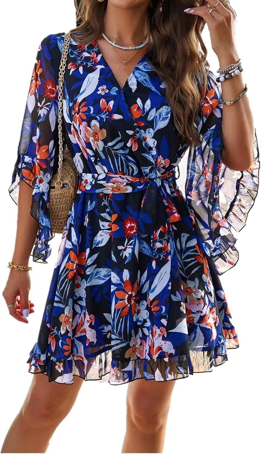 Lisa Colly Women's Summer Sundress Flowy Floral Mini Dress Ruffle Sleeve V Neck Chiffon A-line Dress