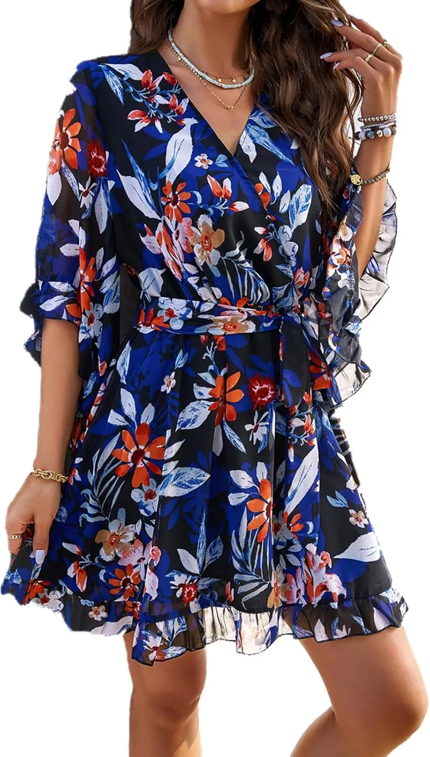 Lisa Colly Women's Summer Sundress Flowy Floral Mini Dress Ruffle Sleeve V Neck Chiffon A-line Dress